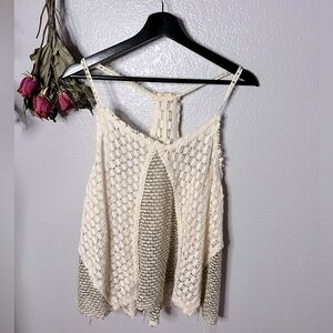 White/cream/gold Cotton Stretch Crochet Knit Racerback Handkerchief Hem Tank top